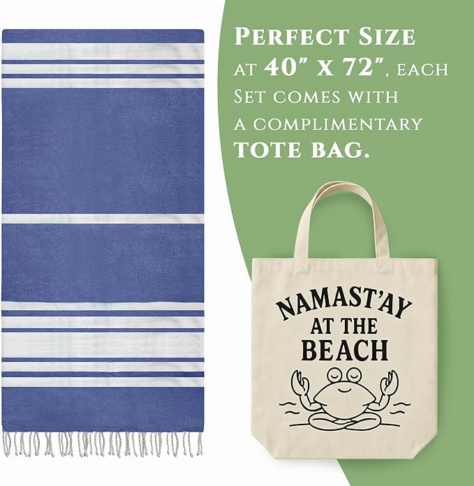 Turkish Cotton Beach Towel Pack of 4 & 1 Boho Tote Bag - Hammam Towels - No Shrink - Quick Dry - Lightweight - Sand Free - Camping - Pool - Beach Essentials - Blue,Gray,Purple, Green (40"x70")