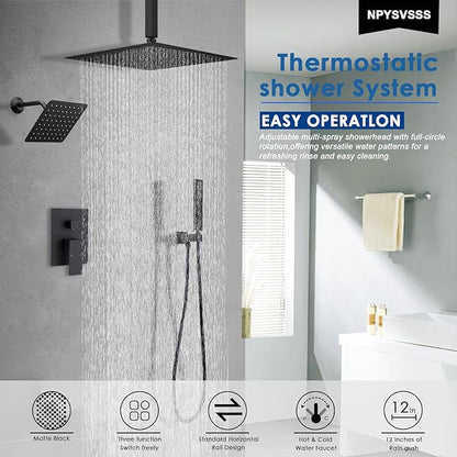 Shower System Dual Shower Heads with 12" Ceiling Mounted Rain Shower Head & 6" Wall Mounted Head Full Body Luxury Rain Shower System 3 Way Pressure Balance Valve Kit, Matte Black