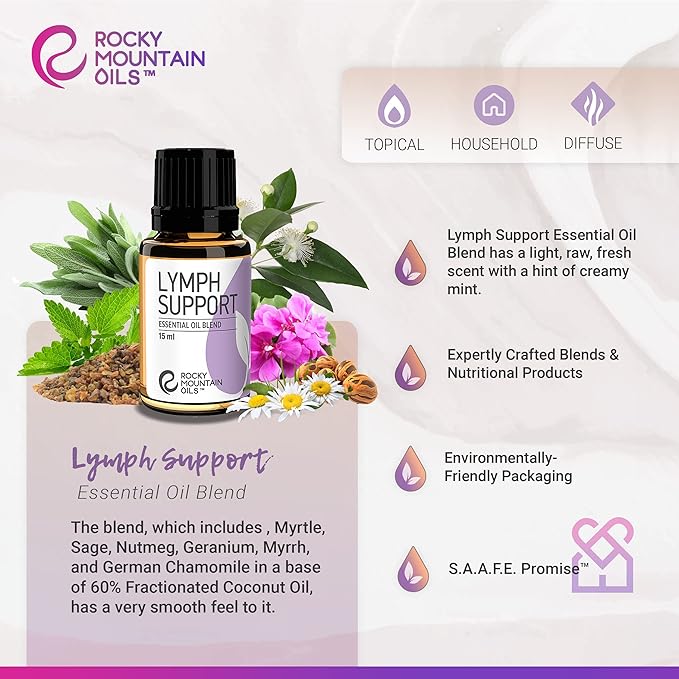 Rocky Mountain Oils Lymph Support Essential Oil Blend with 100% Pure and Natural Essential Oils - Lymphatic Oil, Massage Oil for Massage Therapy - 15ml