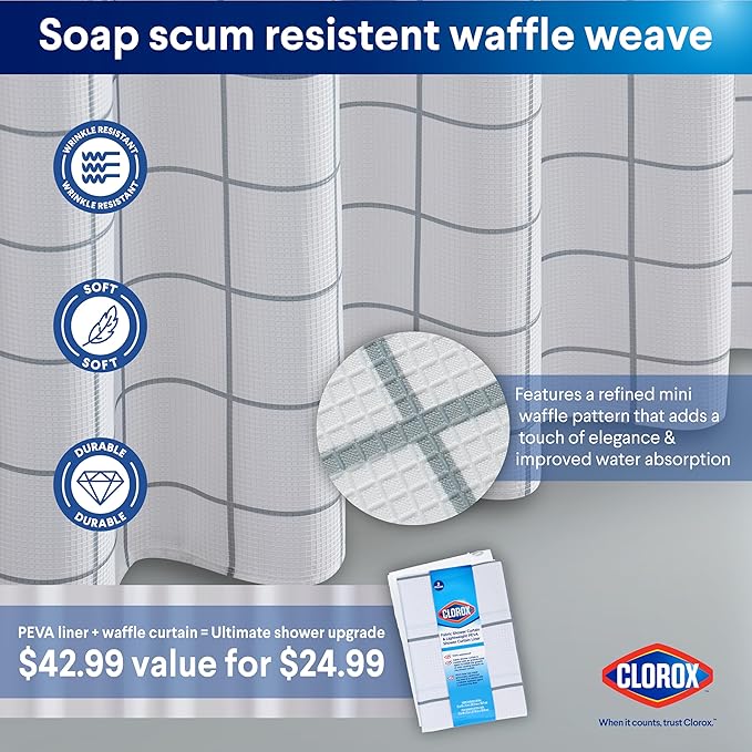 CLOROX Bathroom Waffle Windowpane Pattern Shower Curtain with Waterproof Lightweight PEVA Liner Set, Standard Size, Metal Grommets, No Hooks 72" x 72" - 2 Pc Set - Grey w Frosty PEVA