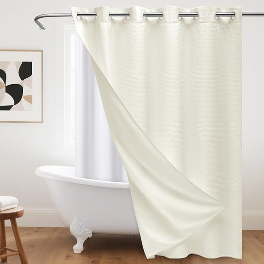 No Hook Waffle Weave Shower Curtain with Snap-in Fabric Liner,256GSM Heavy Duty Fabric Shower Curtain Set,Cream Waterproof Washable Luxury Shower Curtain for Bathroom Stall (72x75 Inch)