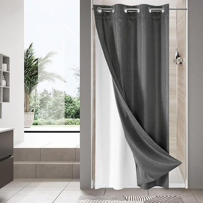 MitoVilla Grey Waffle Small Stall Shower Curtain Liner Set 36 x 74, No Hooks Required Half Size Narrow Fabric Cloth Shower Curtain Set with Snap-in Liner for Modern Bathroom Decor, Charcoal Grey