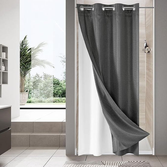 MitoVilla Grey Waffle Small Stall Shower Curtain Liner Set 36 x 74, No Hooks Required Half Size Narrow Fabric Cloth Shower Curtain Set with Snap-in Liner for Modern Bathroom Decor, Charcoal Grey