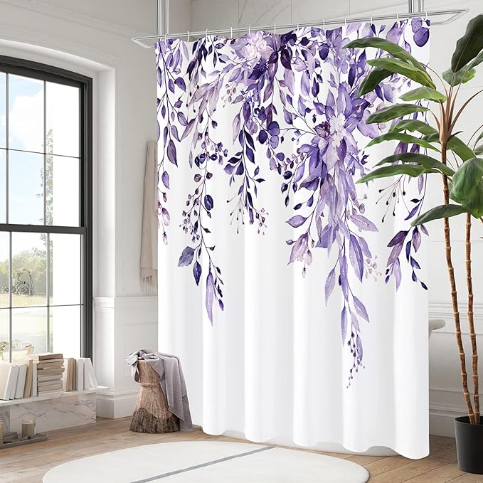 Gibelle Extra Long Shower Curtain 72 x 84, Purple Floral Shower Curtain for Bathroom, Watercolor Plant Eucalyptus Leaves Fabric Shower Curtain Set