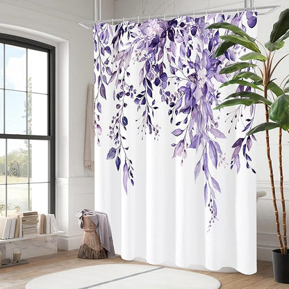 Gibelle Extra Long Shower Curtain 72 x 84, Purple Floral Shower Curtain for Bathroom, Watercolor Plant Eucalyptus Leaves Fabric Shower Curtain Set