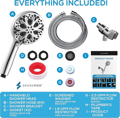 SparkPod 10-Mode Handheld Shower Head with Hose - 5" High Pressure Shower Head with Handheld Touch-to-Clean Nozzles, Built-In Power Jet, Stainless Steel 6ft Hose & Bracket (Polished Chrome)