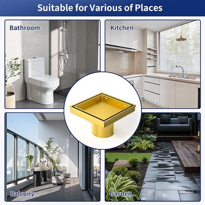 Square Shower Drain 4", Brushed Gold Floor Drain with Tiled Insert Grate & Hair Strainer, 304 Stainless Steel Bathroom 2-in-1 Tiled in Drain, CUPC Certified (Brushed Gold, 4'')