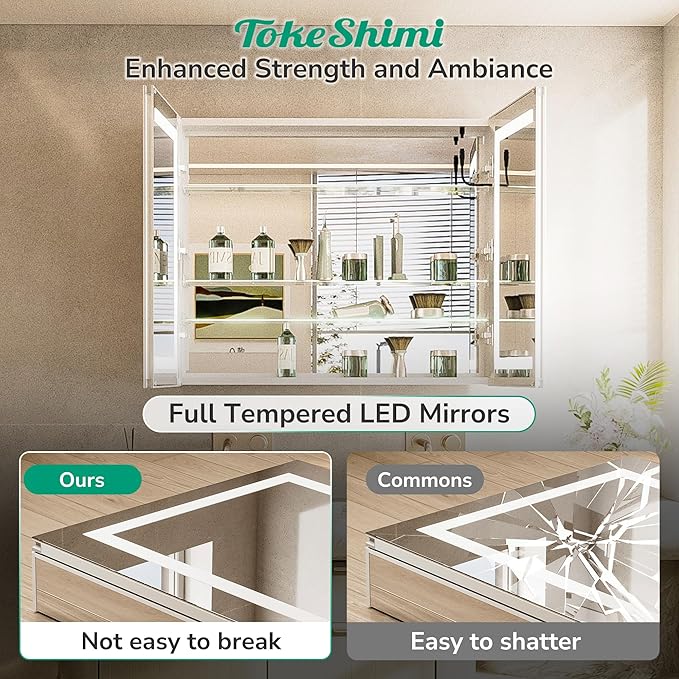 TokeShimi 30x32 Led Medicine Cabinet Mirror with Electrical Outlet, Wall Mounted or Recessed Medicine Cabinet with Light Frontlit, Anti-Fog 3 Colors Dimmable Mirror with Storage for Bathroom