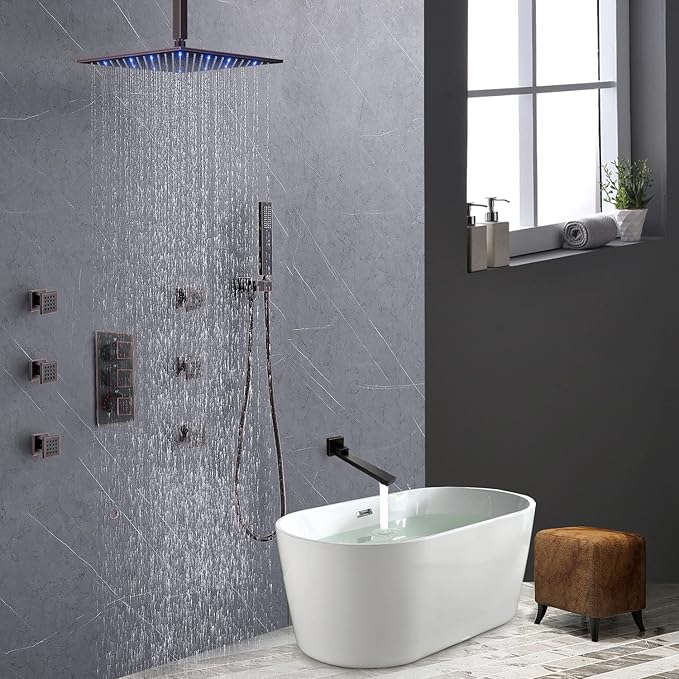 Oil Rubbed Bronze Thermostatic Shower System 4 Way Full Body Shower System with Tub Spout, Luxury 12 inch Ceiling Mounted LED Rain Shower Head, Handhled Spray and 6 PCS Body Jet