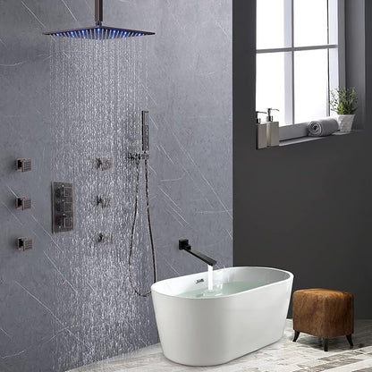 Oil Rubbed Bronze Thermostatic Shower System 4 Way Full Body Shower System with Tub Spout, Luxury 12 inch Ceiling Mounted LED Rain Shower Head, Handhled Spray and 6 PCS Body Jet