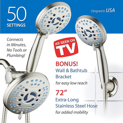 Hotel Spa AquaCare As-Seen-On-TV High Pressure Handheld & Rain 50-mode 3-way Shower Head Combo with Anti-clog Jets, 2-mode Tub & Pet Power Wash, Extra Wall Bracket, 6 ft. Hose, Nickel Finish