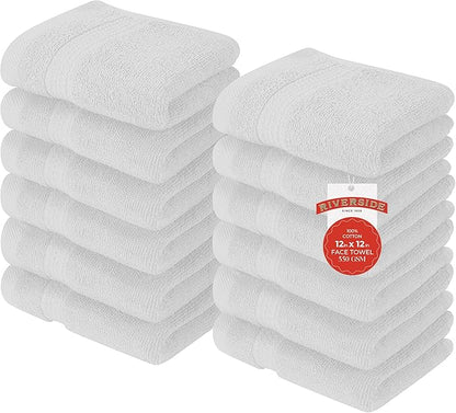 RIVERSIDE 12 Pack Premium 100% Cotton Face Washcloths, 550 GSM, 12 x 12 Inches, Soft, Absorbent Towels for Body & Shower, Bathroom Wash Clothes, Durable Face Towels Set for Spa, Gym, White