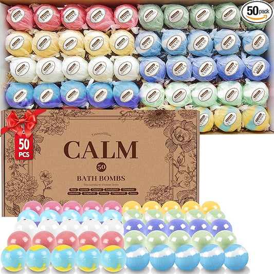 TranquilBliss Bath Bombs Set 50 PCS with 10 Rich Scents, Bath Bombs for Women, Natural Bubble Bombs with Shea Butter & Safe Oil, Ideal for Christmas, Birthday, Mother's Day Present (Brown)