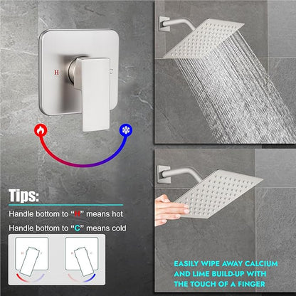 Heyalan 8 Inch Shower Head and Handle Set Square Shower Faucet Set Bathroom Rainfall Shower System Stainless Steel Showerhead Single Function Shower Trim Kit,Female Thread Valve,Brushed Nickel