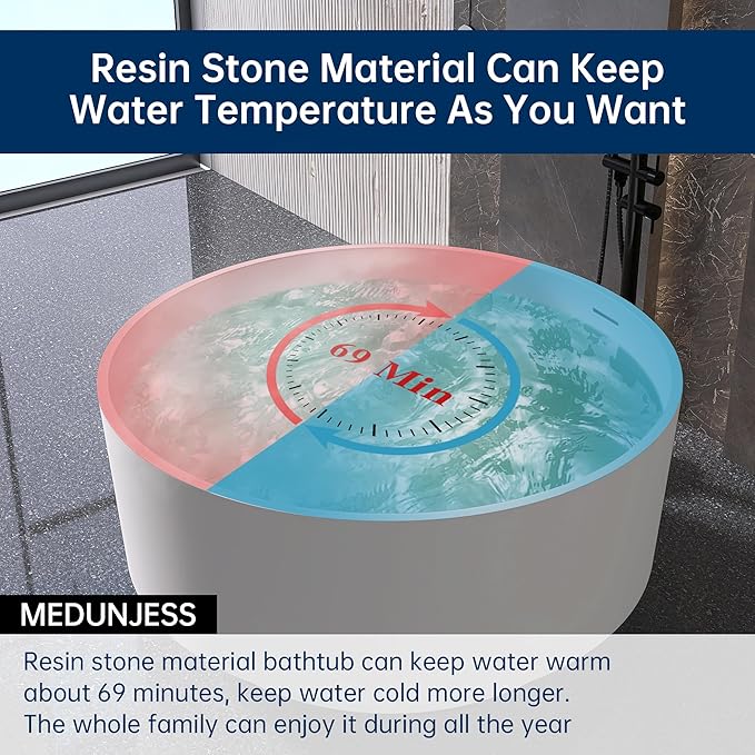 49'' Round Soaking Bathtub Resin Stone Freestanding Bathtub Soaking Deep Tub Solid Surface Bathtub with Overflow and Pop-up drain in White
