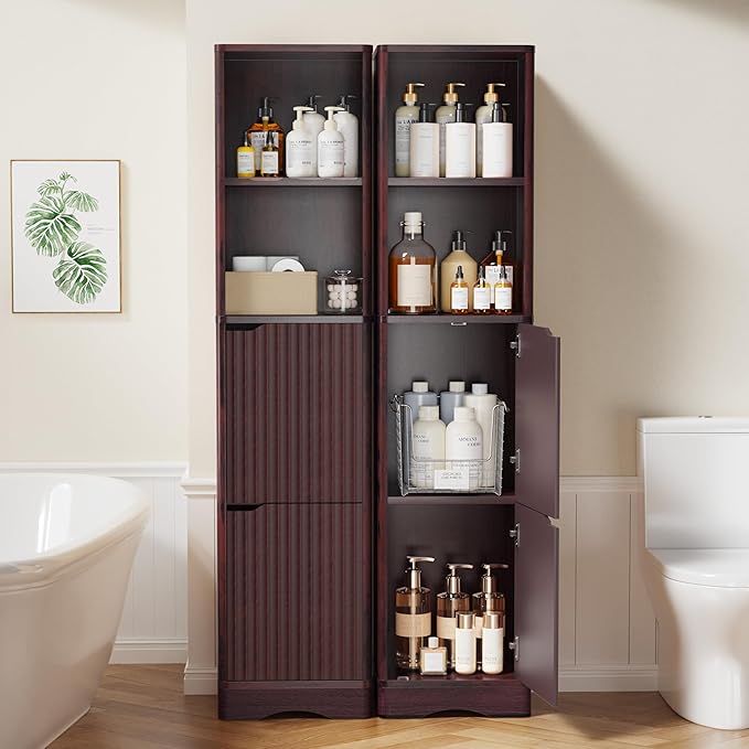 67" Tall Bathroom Organizer and Storage, Narrow Storage Cabinet with 2 Doors and 4 Shelves, Freestanding Floor Storage Unit,15.7" W x 11.8" D x 66.9" H, Walnut