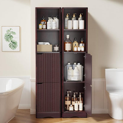 67" Tall Bathroom Organizer and Storage, Narrow Storage Cabinet with 2 Doors and 4 Shelves, Freestanding Floor Storage Unit,15.7" W x 11.8" D x 66.9" H, Walnut
