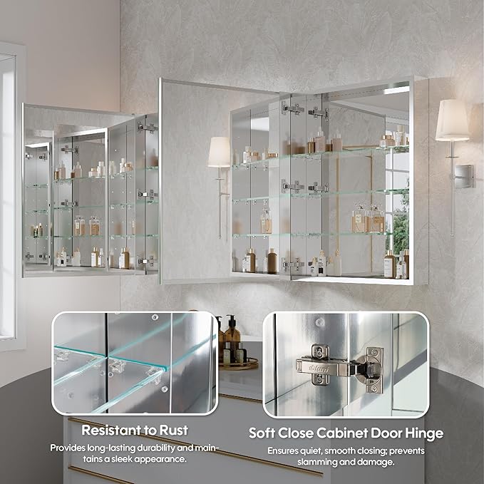 WELLFOR 60" x 30" Rectangle Medicine Cabinet Mirror, Surface Mount or Recessed Medicine Cabinet with Tempered Mirror, Anodized Chrome Aluminum Frame, Bathroom Mirror with Storage