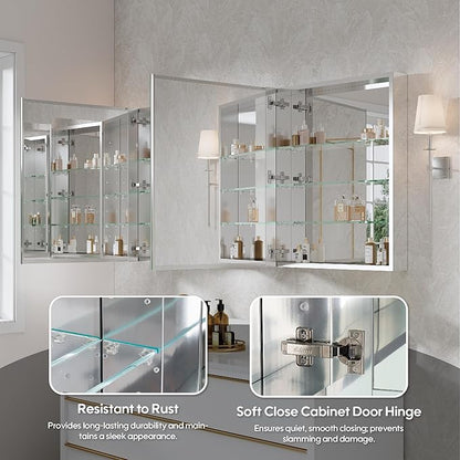 WELLFOR 60" x 30" Rectangle Medicine Cabinet Mirror, Surface Mount or Recessed Medicine Cabinet with Tempered Mirror, Anodized Chrome Aluminum Frame, Bathroom Mirror with Storage