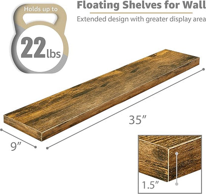 Sorbus Floating Shelves for Wall - 35 Inch Long Bathroom Shelves, Wall Decor for Bedroom, Kitchen, Living Room & Book Storage - Mounted Floating Shelf with Invisible Brackets (Rustic Brown, 2 Pack)