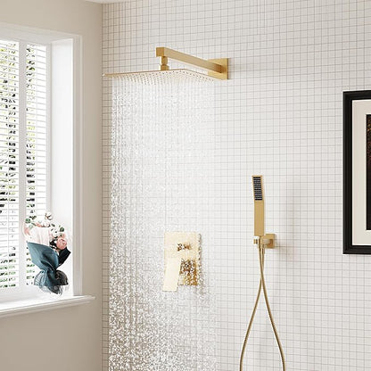 Gold Shower System, Shower Faucet Set with High Pressure 12 inch Shower Head and HandHeld, Wall Mounted Bathroom Shower Head Set,Shower Faucet Rough-in Valve and Trim Kit, Brushed,Gold