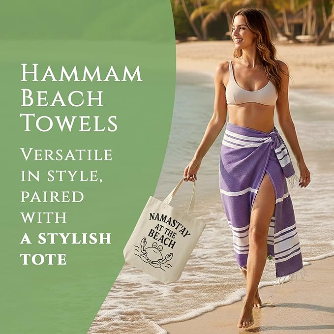 Turkish Cotton Beach Towel Pack of 6 & 1 Boho Tote Bag - Hammam Towels - No Shrink - Quick Dry - Lightweight - Sand Free - Camping - Pool - Tanning - Beach Essentials - Purple (40"x70")