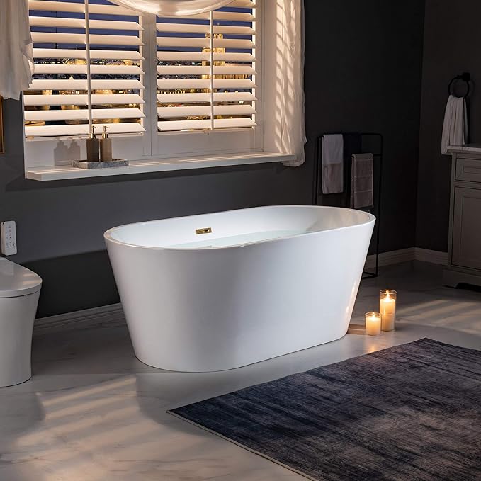 WOODBRIDGE 59" Freestanding White Acrylic Soaking Bathtub with Brushed Gold Drain and Overflow,BTA1514 -BG-Drain &O