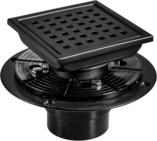 6 Inch Square Shower Floor Drain, Stainless Steel Flange with Removable Grid Cover Hair Strainer, Black