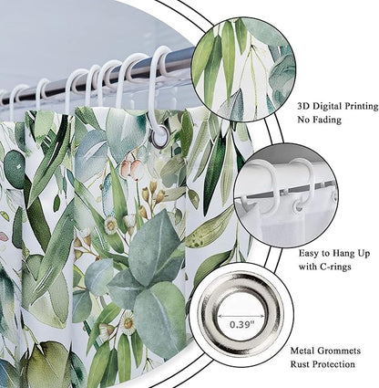 Riyidecor Green Eucalyptus Leaves Shower Curtain for Bathroom Decor 72Wx78H Plants Watercolor Floral Rustic Botanical Spring Nature Farm Art Printed Fabric Polyester Waterproof 12 Pack Plastic