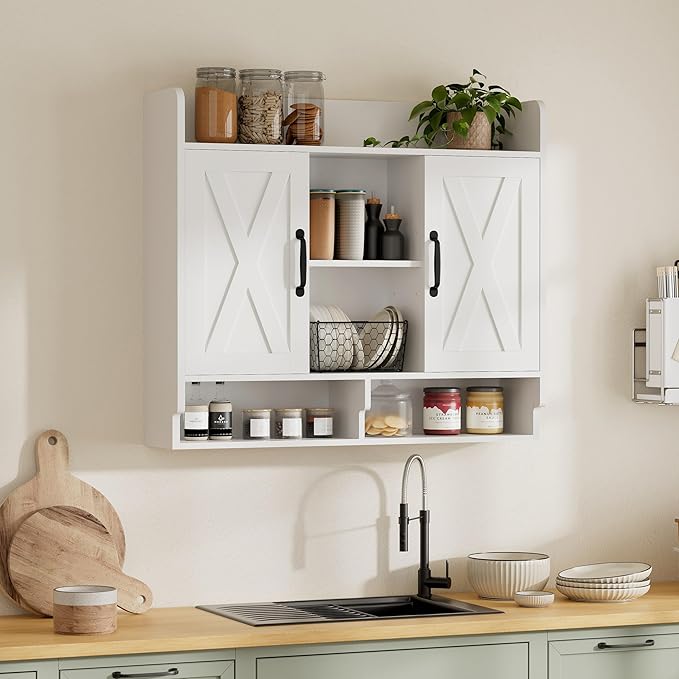 White Bathroom Wall Cabinet, Wall Mount Storage Cabinet, Floating Medicine Cabinet with 4 Open Shelves and 6 Deep Cabinets Over The Toilet for Laundry Room, Kitchen