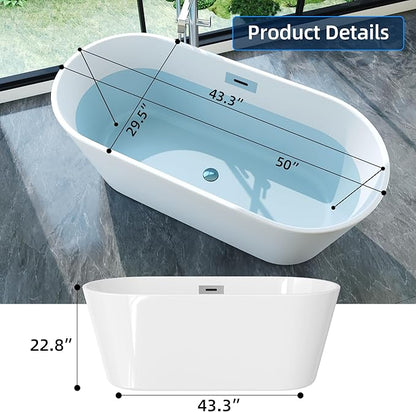 59'' Freestanding Bathtub, Deep Soaking Tub for Adults, Stand Alone Tub with Integrated Overflow Drain, cUPC Certified Modern Bathroom Tub, Acrylic, White