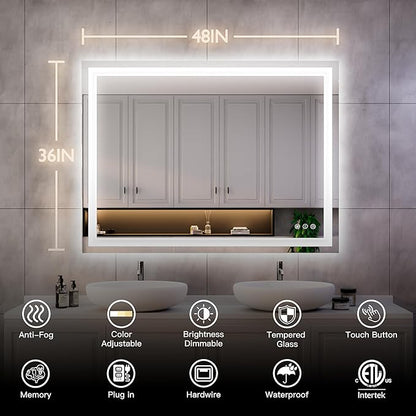 ISKM 48'' x 36'' LED Mirror for Bathroom Lighted Vanity Mirror for Wall Front Lights + Backlit LED Bathroom Mirror Anti-Fog Tempered Glass ETL Listed