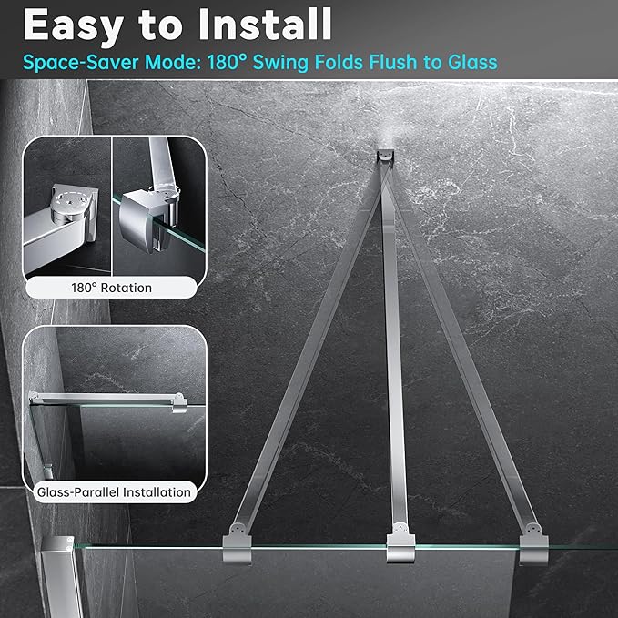 Frameless Shower Door Support Bar, Stainless Steel Wall-to-Glass Support Arm to Fixed Shower Glass Panel, for 1/4"-3/8" (6-10 mm) Door, 180° Pivot & Stow-Flat Mode (Chrome, 31.5-inch(800mm))