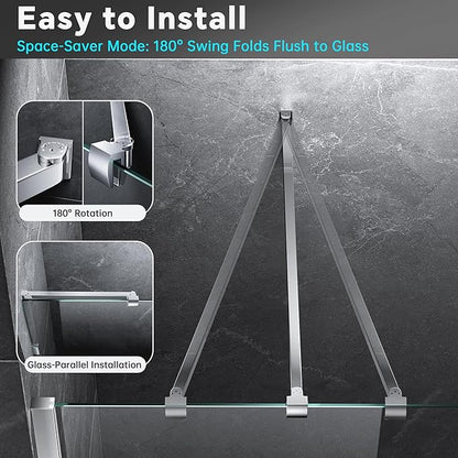 Frameless Shower Door Support Bar, Stainless Steel Wall-to-Glass Support Arm to Fixed Shower Glass Panel, for 1/4"-3/8" (6-10 mm) Door, 180° Pivot & Stow-Flat Mode (Chrome, 31.5-inch(800mm))