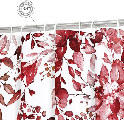 Gibelle Extra Long Shower Curtain 72 x 84, Tall Burgundy Red Floral Shower Curtain for Bathroom, Watercolor Plant Eucalyptus Leaves Fabric Shower Curtain Set