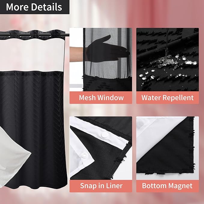 Hookless Shower Curtain with Snap in Liner 71" x 86" Double-Layer Waterproof Polyester Shower Curtain for Bathroom or Hotel Use,Removable Liner,Magnetic Hem,Large Rings,Machine Washable,Black