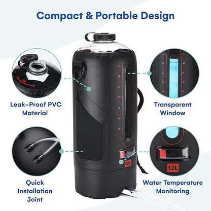 HappyPo Camping Shower - Portable Camping Solar Shower Pump- Shower Bag with Pressure Foot Pump with Temperature Indicator - Camp Water Equipment for Road Travel