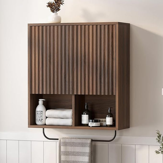 Bathroom Wall Cabinet, Fluted Wooden Medicine Cabinet Storage with 2 Doors, Adjustable Shelf and Towels Bar, Modern Wall Mount Large Floating Cabinet for Kitchen Laundry Room Brown