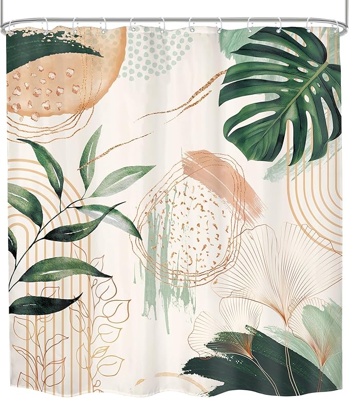 Boho Shower Curtain 72Wx78H Modern Abstract Tropical Green Leaves Plant Palm Bohemian Mid Century Botanical Geometric Arch Bathroom Decor Minimalist Bath Curtain Fabric Polyester 12 Pack Hooks