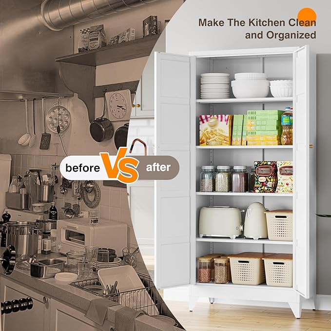 Yizosh Metal Storage Cabinet with 2 Doors and 4 Adjustable Shelves,- 71" White Kitchen Pantry Storage Cabinet for Kitchen,Dining Room,Living Room