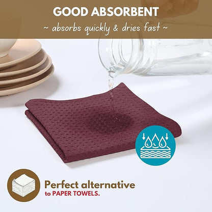 Native Fab Cotton Kitchen Towel with Hanging Loop 16x26 inches, 6-Pack, Waffle Weave Kitchen Towels for Cleaning Drying, Washcloths Soft & Absorbent Cloth Rags, Bar Towel, Dish Cloth, Burgundy Wine