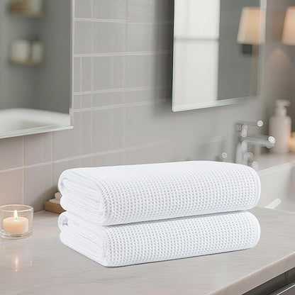 POLYTE 380 GSM Microfiber Oversize Quick Dry Lint Free Waffle Bath Towel for Body, 60 x 30 in, Set of 2