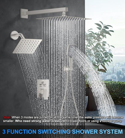 Shower Faucet Set, 10" Wall Mount Rainfall Shower System with 2 Rain Shower Head and Multi-function Handheld Head Push Button Diverter Shower Faucet Trim Kit Brushed Nickel