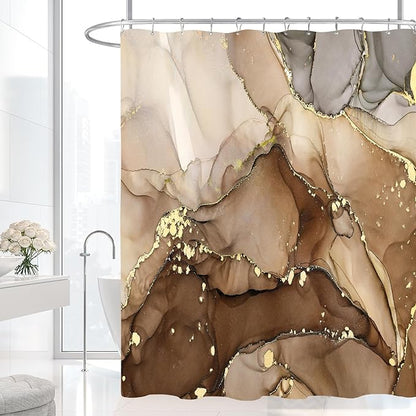 Brown Marble Shower Curtain 60x72, Modern Abstract Fabric Shower Curtains for Bathroom, Luxury Art Ink Texture Watercolor Cloth Shower Curtain Set with Hooks