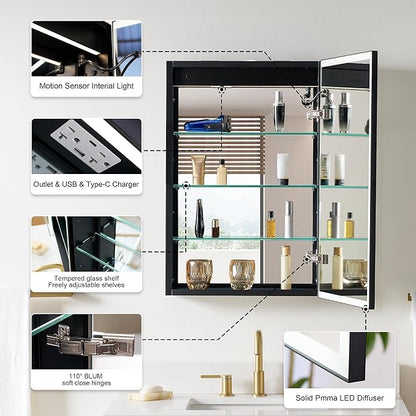WELLFOR 20" X 30" LED Mirrored Medicine Cabinet, Medicine Cabinets with Lights for Bathroom, Defogging Function Mirror Cabinet, Bathroom Medicine Cabinet with USB Port & Outlet, Right Opening Doors