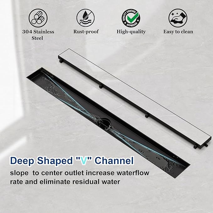 Neodrain 24-Inch Linear Shower Drain with Tile Insert Grate, Matte Black 304 Stainless Steel Rectangle Shower Floor Drain, Linear Drain with Leveling Feet, Hair Strainer