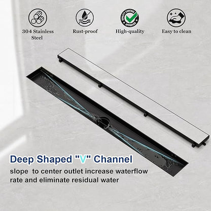 Neodrain 24-Inch Linear Shower Drain with Tile Insert Grate, Matte Black 304 Stainless Steel Rectangle Shower Floor Drain, Linear Drain with Leveling Feet, Hair Strainer