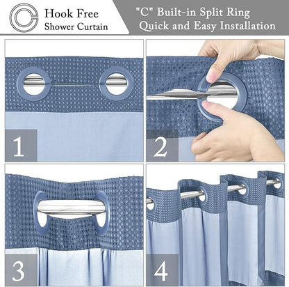 Gibelle No Hook Waffle Weave Shower Curtain with Snap-in Fabric Liner Set for Bathroom, Hotel Style with Mesh Top Window, Waterproof & Washable, Moonlight Blue, 72x74