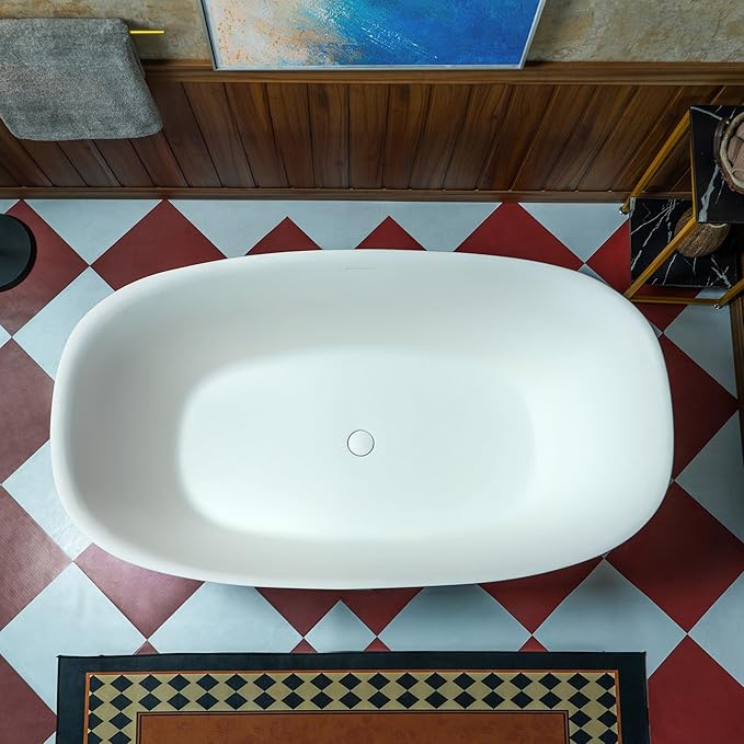 WOODBRIDGE 59" L x 32-5/8" W Luxury Contemporary Solid Surface Stone Resin Freestanding Bathtub in Matte White
