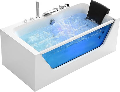 Empava 59 in. Acrylic Alcove Whirlpool Bathtub - Hydromassage Rectangular Jetted Soaking Tub with Center Drain - Waterfall Faucet